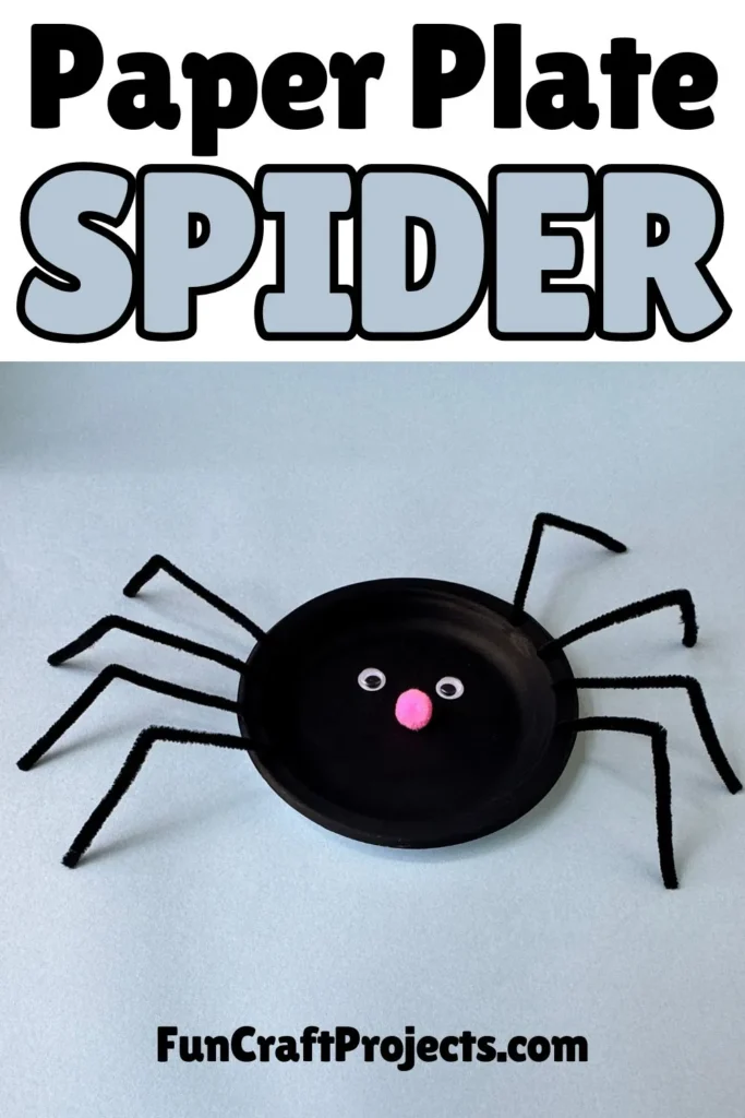 Fun preschool paper plate spider craft for Halloween, made with googly eyes and pipe cleaner legs.