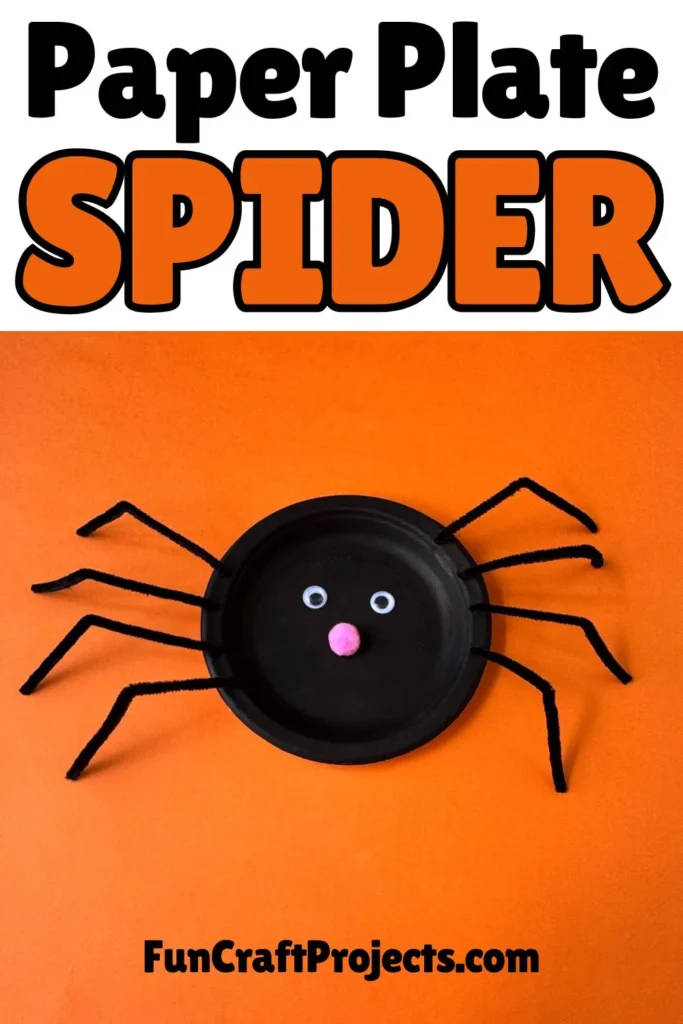 Fun preschool paper plate spider craft for Halloween, made with googly eyes and pipe cleaner legs.