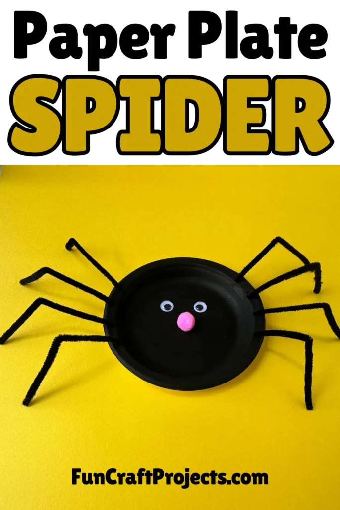 Fun preschool paper plate spider craft for Halloween, made with googly eyes and pipe cleaner legs.