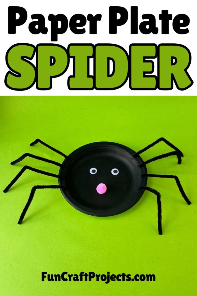 Fun preschool paper plate spider craft for Halloween, made with googly eyes and pipe cleaner legs.