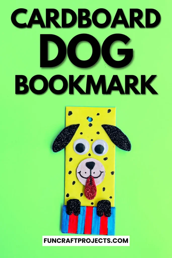 Cardboard Dog Bookmark Craft is a dog-themed bookmark made from yellow cardboard, featuring black glitter ears, googly eyes, and a red tongue, with a striped blue and red collar.